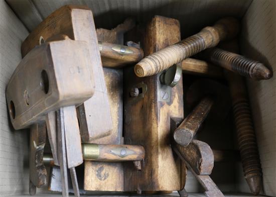 Three antique moulding planes and a scratchstock